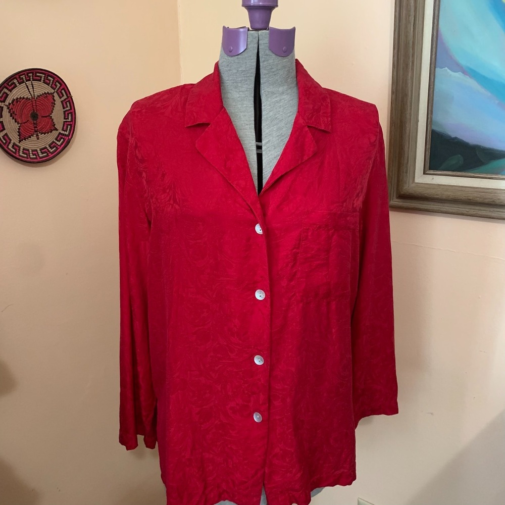 August Silk Intimates Red 100% Silk Jacquard Floral Button Up Pajama Top Medium